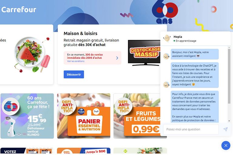 De chatbot Hopla helpt klanten via AI producten te kiezen op basis van onder meer budget. - Afbeelding: website Carrefour