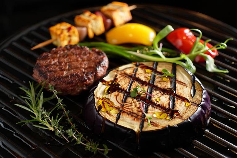 Plantaardige barbecueën bestaat uit twee takken: groenten en op vleeslijkende producten. Afbeelding gegenereerd met AI Reve.Art