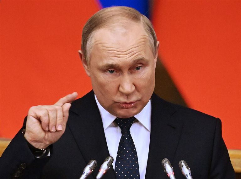 De Russische president Vladimir Poetin tijdens een toespraak in het Russisch parlement. - Foto: ANP