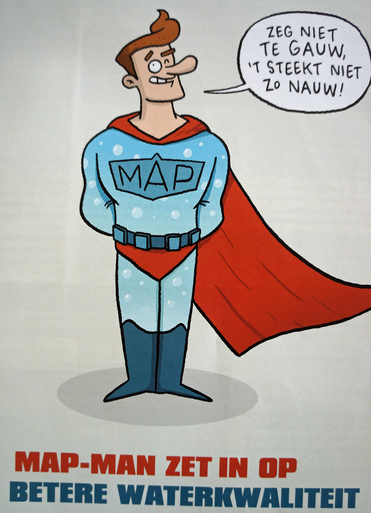 Om de campagne in Vlaanderen op een 'vriendelijke' manier bij de doelgroep te brengen, is de Supermanachtige MAP-man bedacht. (Beeld overgenomen uit Proeftuinnieuws)