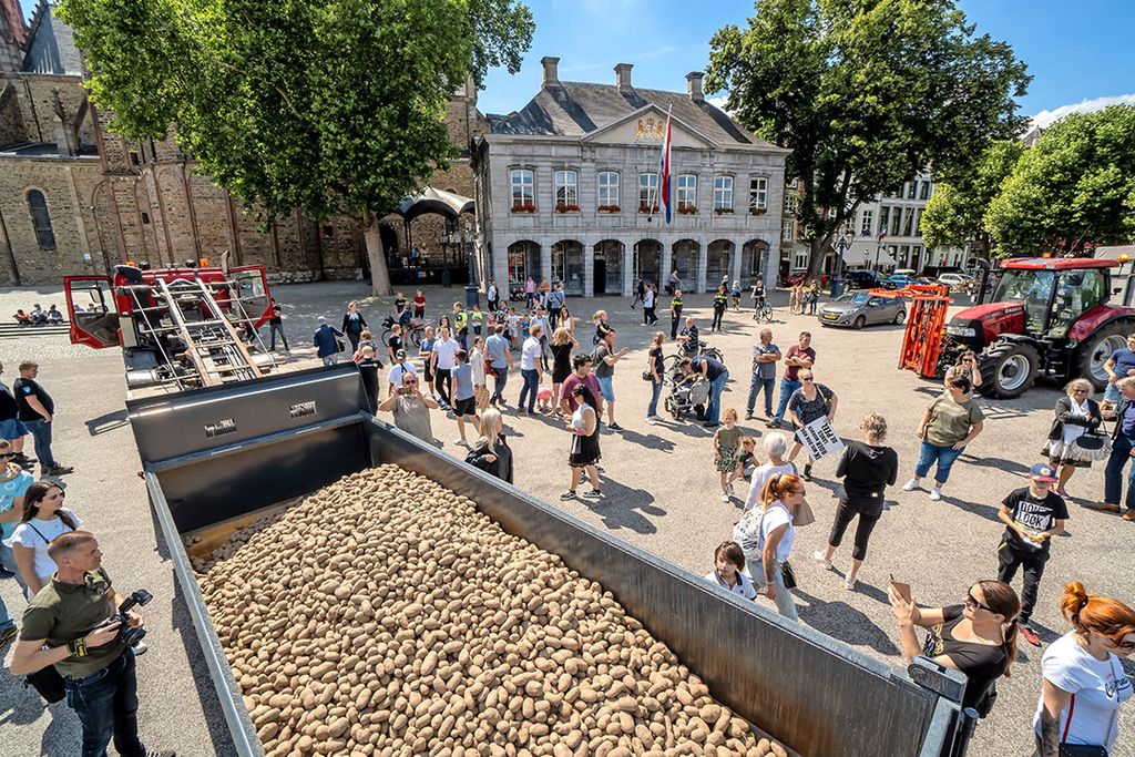 Boeren deelden zondag 12 juli groente fruit en aardappelen uit aan winkelend publiek in Maastricht op het Vrijthof. - Foto: ANP