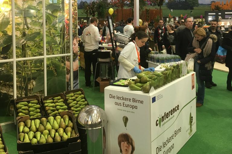 De Nederlands telersverenigingen met productpromotie. Op de voorgrond de Conferencecampagne en achter de kas met Nederlandse groenten. - Foto: J. Wolthuis, GroentenFruit Huis