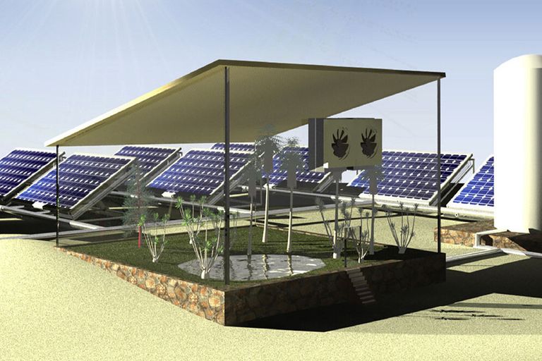 Het systeem, WEC2P, bestaat uit zonnepanelen die zijn bedekt met een laagje hydrogel. Deze staan op een metalen doos die waterdamp uit de lucht omzet in vloeibaar water voor het verbouwen van gewassen. -  Illustratie: King Abdullah University of Science and Technology
