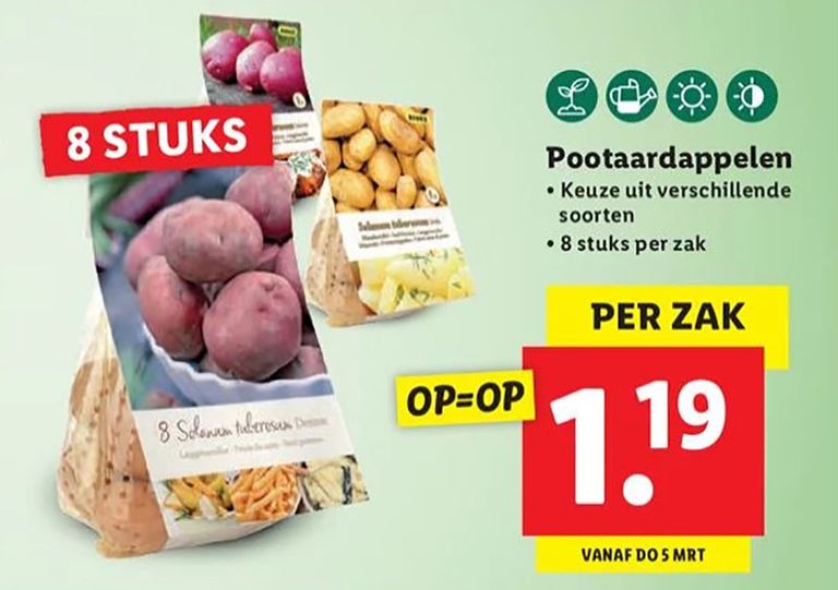 Aanbieding van pootaardappelen bij ... supermarktketen Lidl. Een (tot nu toe toch) branchevreemde activiteit voor supermarkten. - Foto: Lidl