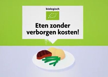 Géén verborgen maatschappelijke en milieukosten als je biologisch eet, aldus het Bionext-filmpje. - Beeld: bionext.nl