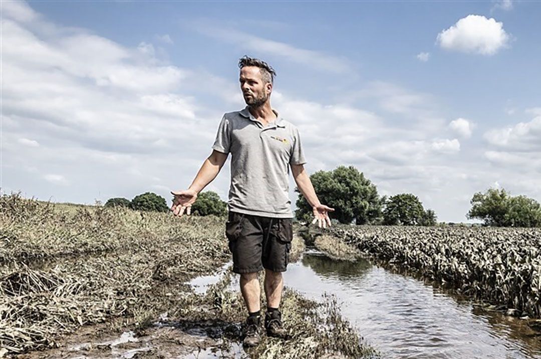 Een teler neemt de schade op die het gevolg is van het overstromen van de Maas. - Foto: ANP