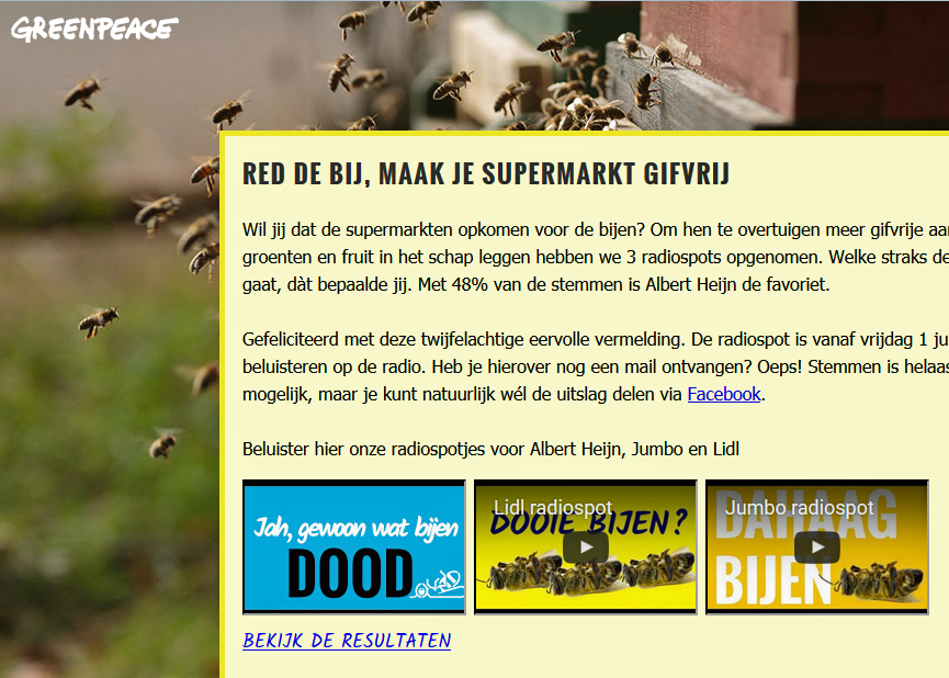 Men kon op internet stemmen op spotjes tegen AH, Lidl of Jumbo. AH 'won'. - Illustratie: www. greenpeace.nl