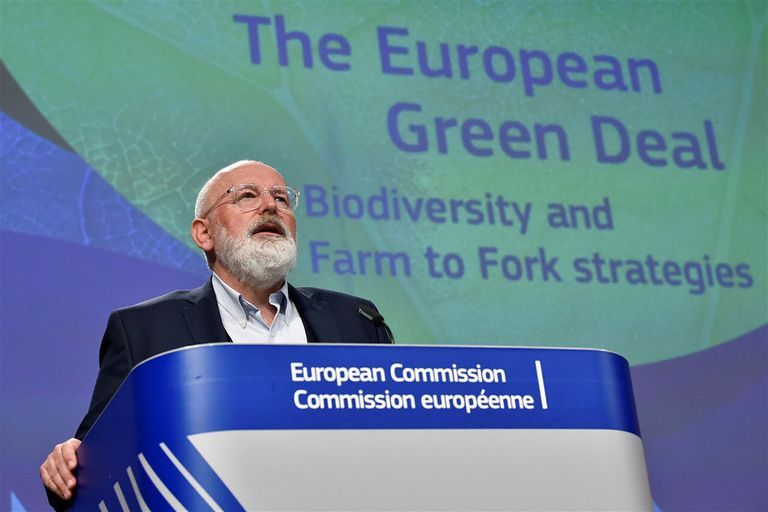 Frans Timmermans tijdens de presentatie van de Farm-to-Fork-strategie van de Europese Unie. - Foto: ANP