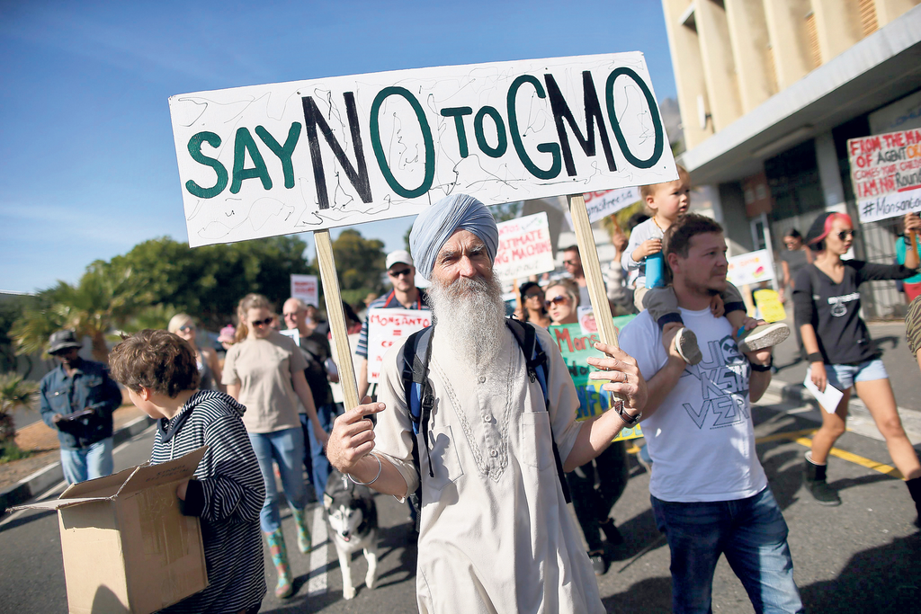 Een protest in Kaapstad tegen genetisch gemodificeerde organismes (GGO). - Foto: EPA