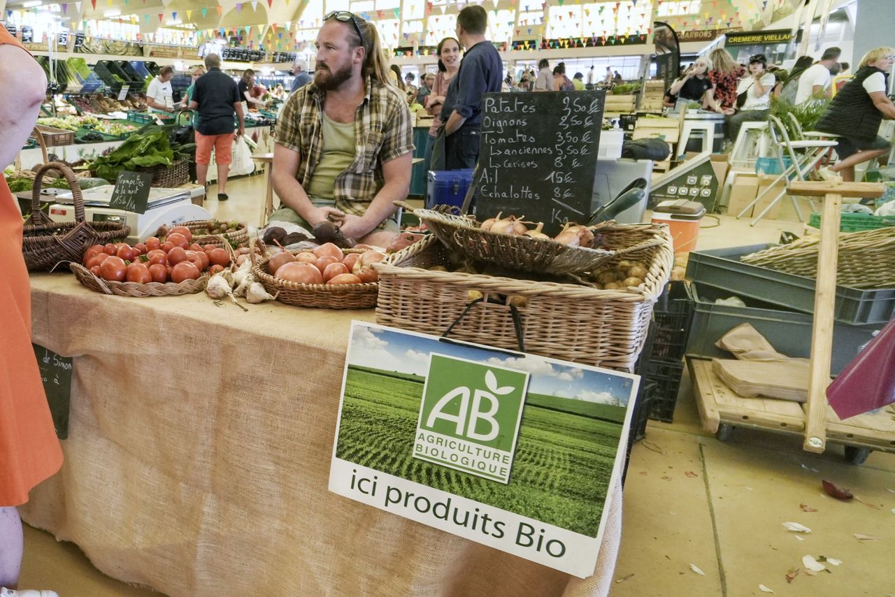 Overdekte markt Halles du Boulingrin vlak buiten het centrum van Reims. Hier komen vooral lokale inwoners. Er is een aparte hoek voor biologisch geteeld voedsel. Foto: ANP