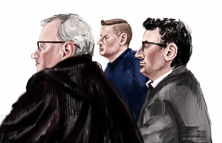 Rechtbanktekening van Martin van de B. en Mathijs IJ., de eigenaren van ChickFriend. - Illustratie: ANP