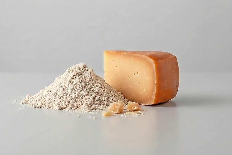 Mycoproteïnen kunnen in poedervorm aan plantaardige of hybride kaasrecepturen toegevoegd worden. Foto: Gegenereerd met Gemini AI