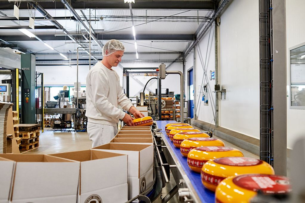 Een medewerker van Henri Willig in Heerenveen controleert de bijna verzendklare kazen. - Foto: Henri Willig