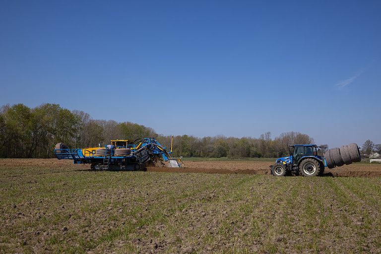 De aanleg van subirrigatie op een landbouwperceel naast de waterzuiveringsinstallatie van Aquafin in Kinrooi (B.). - Foto: Peter Roek