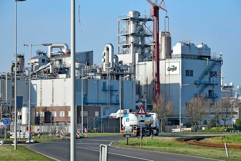 De fabriek van Cargill in Rotterdam. Het is één van de vier locaties waar de werkzaamheden zijn neergelegd. Foto: ANP