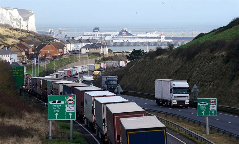 Files voor de haven in Dover.  Eerder deze maand leidde een storing bij het IT-systeem voor uitgaande goederen tot dagenlang oponthoud voor vrachtverkeer vanuit het VK naar de EU. - Foto: ANP