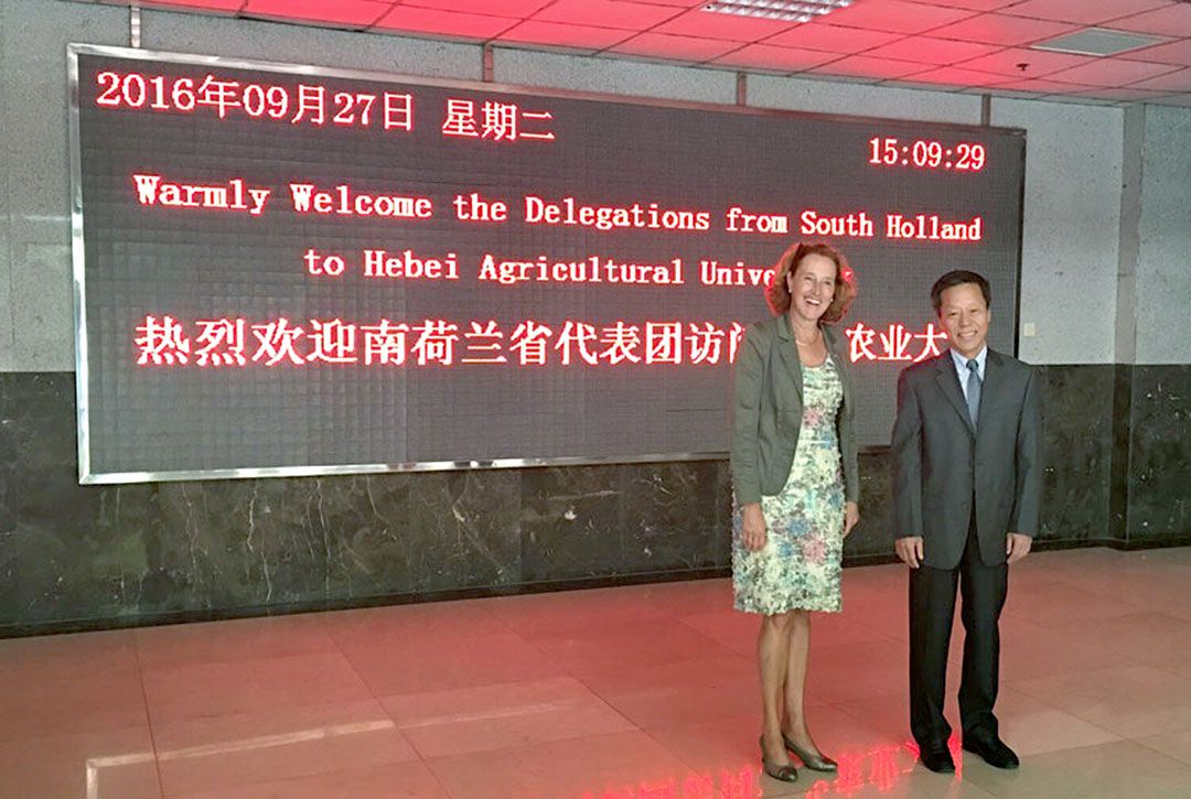 Archieffoto van een handelsmissie uit Zuid- Holland, waarbij Adrie Bom-Lemstra (nu voorzitter Glastuinbouw Nederland) als gedeputeerde bedrijven introduceerde in China. - Foto: Provincie Zuid-Holland