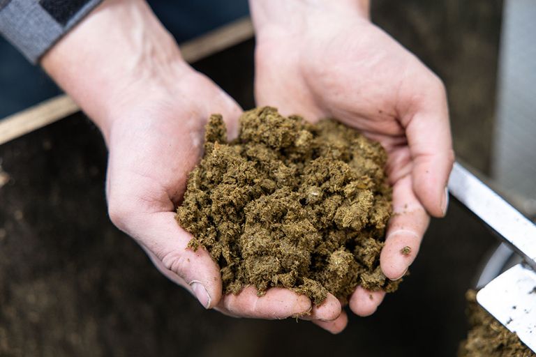 Voor de productie van isolatiemateriaal wordt de dikke fractie van rundveemest verhit, behandeld en gedroogd. - Peter Roek