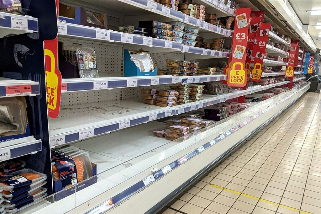 Deels lege schappen in een Sainsbury-supermarkt in Hornchurch. Brexit levert de Britten tot nog toe vooral tekorten en gemiste exportkansen op. - Foto: ANP