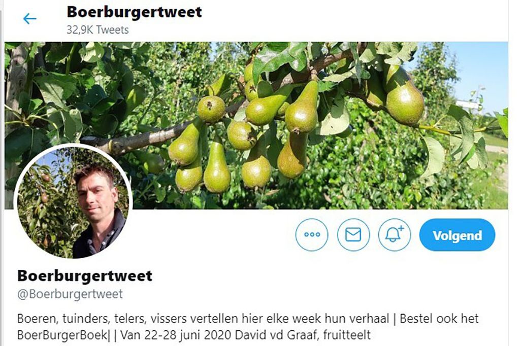 De Twitter-pagina van 'gastboer' fruitteler David van de Graaf. - Foto: Boerburgertweet