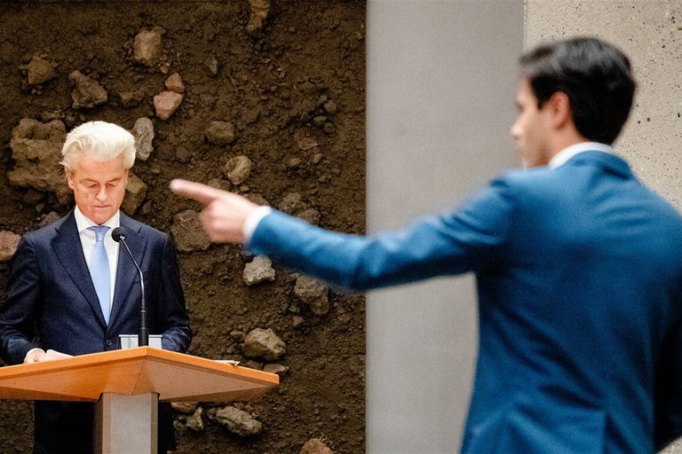 Geert Wilders (PVV) en Rob Jetten (D66) tijdens de eerste dag van de algemene politieke beschouwingen. - Foto: ANP