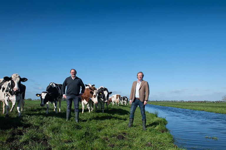 COO Robert van Ballegooijen van Royal A-ware (l) en Costantijn Ninck Blok van Albert Heijn (r) bij een bezoek aan een melkveebedrijf.