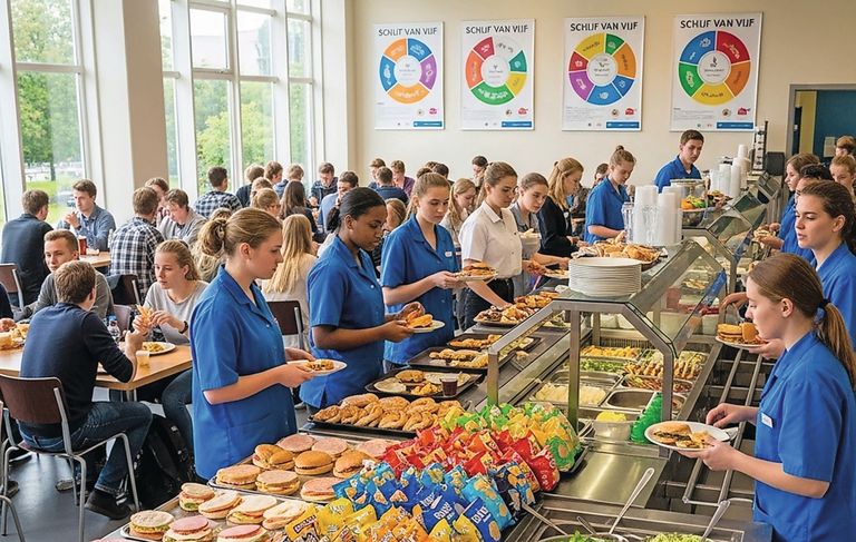 Schoolkantine. Slechts 17% van alle producten op hbo-instellingen past binnen de criteria van de Schijf van Vijf. Foto: AI-generated