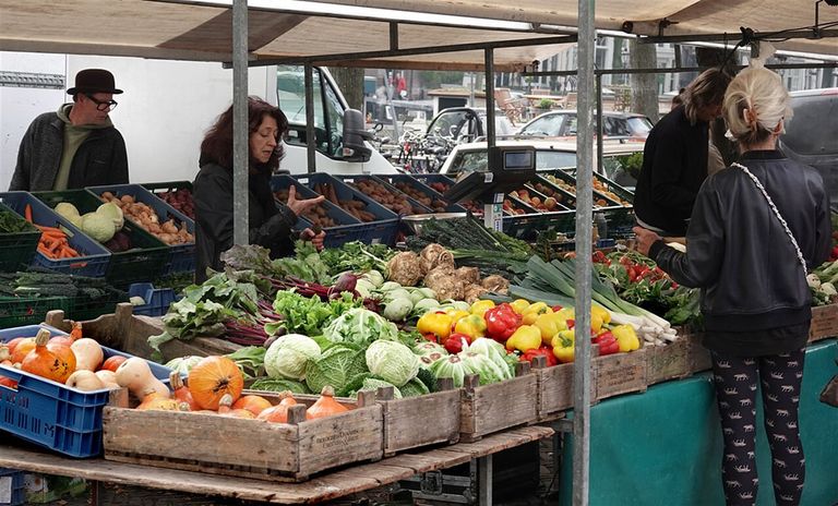 Groentekraam op de biologische boerenmarkt in Amsterdam. Innovatie in de biologische landbouw blijft achter, toch stijgt de vraag naar biologische producten. - Foto: ANP