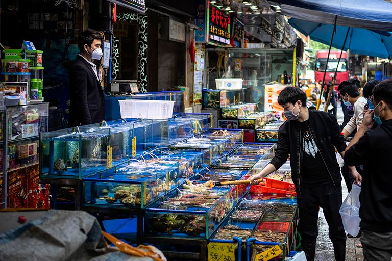 Mensen dragen uit angst voor het coronavirus mondkapjes op een vismarkt in Guangzhou (China). Foto: ANP