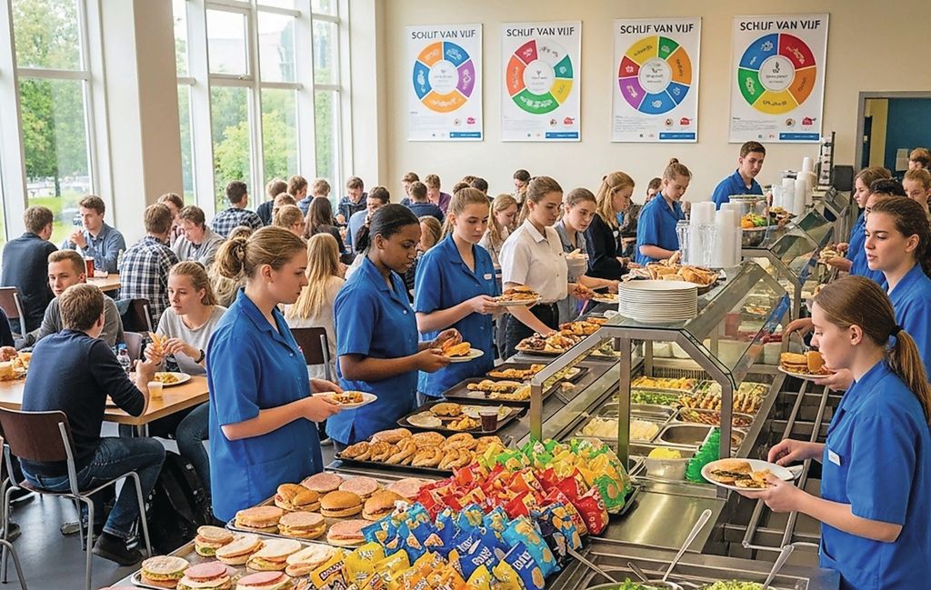 Schoolkantine. Slechts 17% van alle producten op hbo-instellingen past binnen de criteria van de Schijf van Vijf. Foto: AI-generated